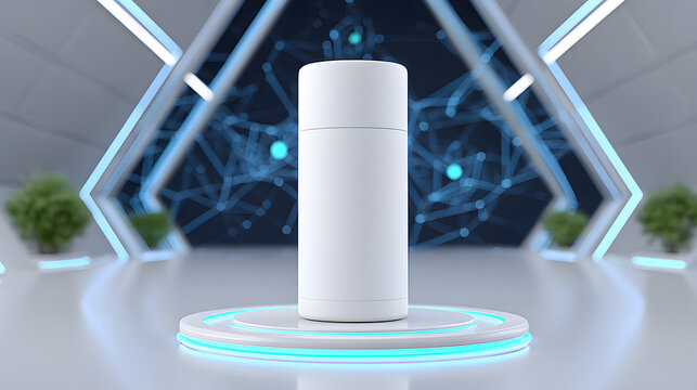 Sleek white cosmetic stick mockup is displayed on futuristic platform with glowing blue accents, set against high tech background featuring geometric patterns and plants - Powered by Adobe