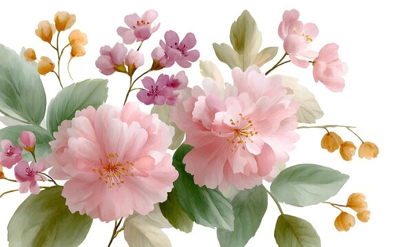 Soft pastel watercolor florals with oversized blossoms and delicate leaves on a clean white ground rendered in loose painterly strokes for a spring feel