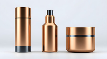 Obraz premium Sleek copper cosmetic containers including bottle, pump, and jar on neutral background, showcasing modern design and elegance. Perfect for beauty product mockups