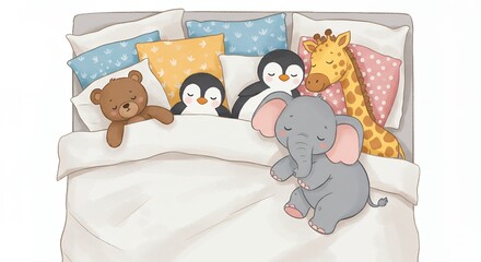 Fototapeta premium Animals sleeping in a bed illustration