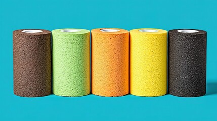 Colorful rolls of textured foam material.