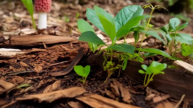 Ground-level view of a pink morel mushroom with white stem amidst wood chips and verdant sprouts in lush forest environment.
