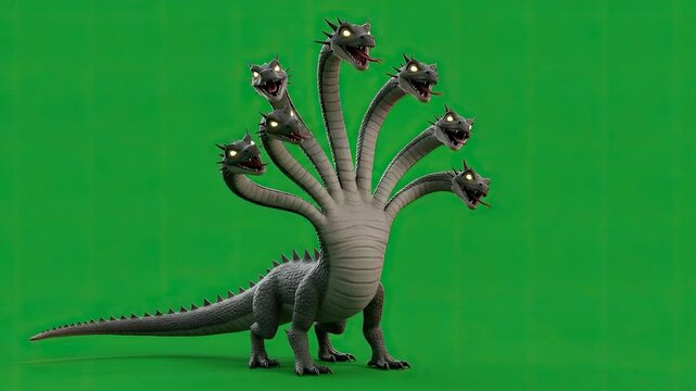 Lernaean Hydra, the multi-headed serpent from Greek mythology on green screen.
