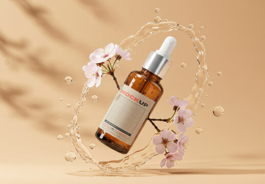 Dropper Bottle with Flowers Label Mockup