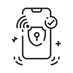 Mobile device security icon with shield and verification mark in outline style, perfect for UI design, app authentication, and secure interface.