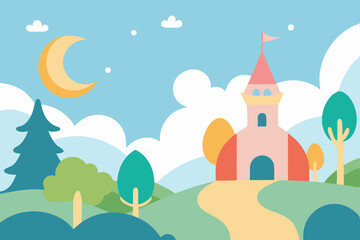 Enchanted Castle Hill A whimsical landscape illustration of a fairytale castle nestled on a hill under a crescent moon