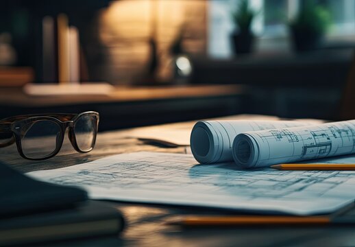 A close-up of architectural blueprints and pencils on the table, with rolled-up papers nearby