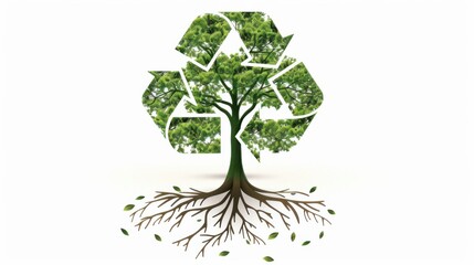 A detailed illustration of a green tree with roots forming a recycling symbol, symbolizing the connection between nature and recycling, against a pure white background