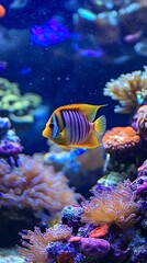 Obraz premium A vibrant saltwater fish swims amidst colorful coral reefs in a well lit aquarium environment
