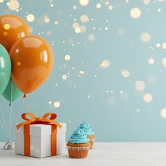 Festive birthday party background with colorful balloons, a gift box, and sweet cupcakes on a light blue backdrop