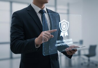 Businessman using digital tablet with skill unlocked competency gained concept