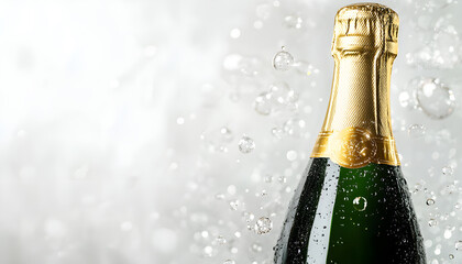 Champagne bottle illustration. Luxurious golden design, blank label, bubbles. Celebrating festive events like New Year, Christmas, birthday. Sparkling drink
