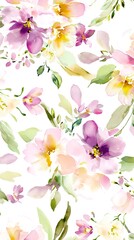 Soft pastel watercolor florals with oversized blossoms and delicate leaves on a clean white ground rendered in loose painterly strokes for a spring feel