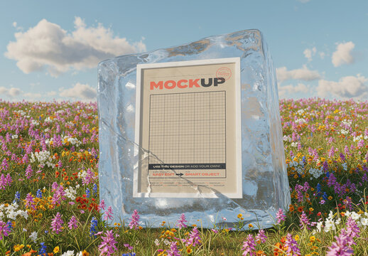 Frame Poster Mockup on Ice Cube on Flower Field