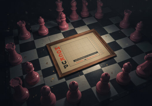 Horizontal Frame Poster Mockup on Chess Board