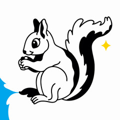 Cute Cartoon Squirrel Holding Nut, Black and White Illustration