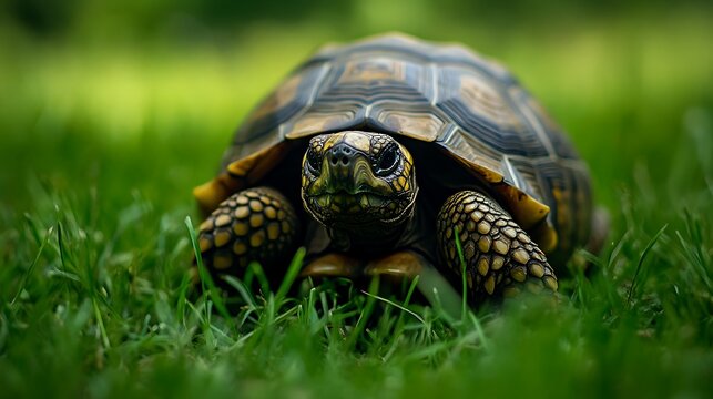 A turtle resting on the grass with a patterned shell and visible head and legs in a natural setting
