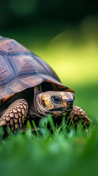 A close up shot of a turtle in the grass with a blurred green background and a detailed shell pattern