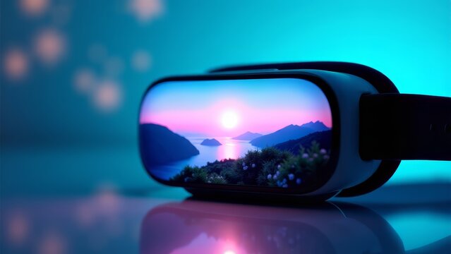 Virtual reality headset displaying calming sunset landscape