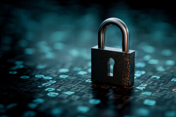A padlock symbolizes data security and protection on a digital background.