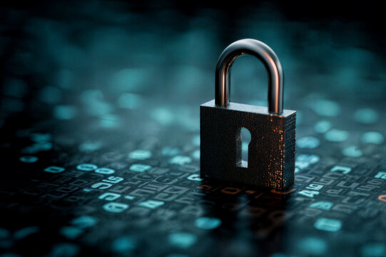 A padlock symbolizes data security and protection on a digital background.