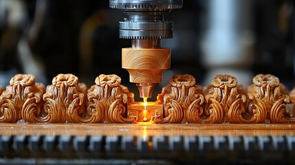 CNC machine carving intricate wooden design.