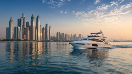 A luxury yacht sails in Dubai Marina at sunrise, showcasing the city's skyline.