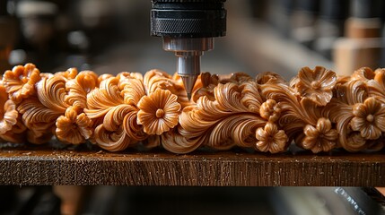 CNC machine carving intricate floral design on wood.