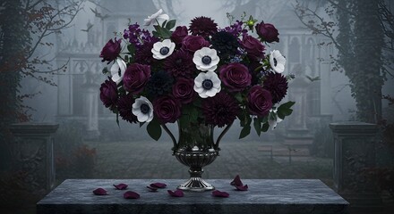 An elegant bouquet of dark flowers in an ornate urn on a stone table with a haunting gothic estate in the background