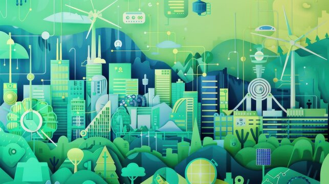 A detailed illustration of a smart city dashboard showcasing real-time environmental data and green infrastructure, representing technological advancements in sustainability