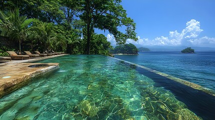 Infinity pool overlooking ocean, tropical paradise.