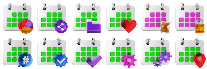 3d calendar chart share folder love clock timer hashtag verification date event reminder plan organizer icon set bundle illustration