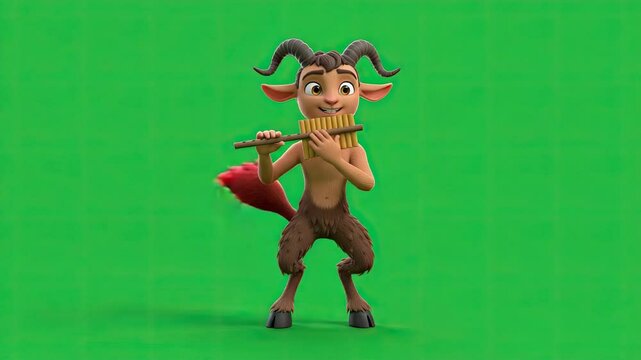 Cheerful faun or satyr character dancing on a green screen background.