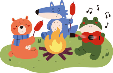 Animals Camping with Campfire