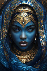 Majestic Blue Woman with Golden Jewelry and Veil