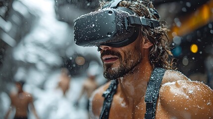 Shirtless man with VR headset in snowy city.