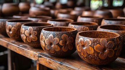 Hand-carved wooden bowls with floral designs arranged on a wooden surface.
