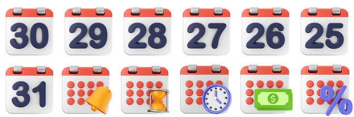 3d calendar money discount clock timer date event reminder plan organizer icon set bundle illustration