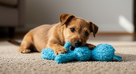 Playtime Puppy: A playful puppy enthusiastically chews on its blue toy, bringing out its adorable features with sharp focus.