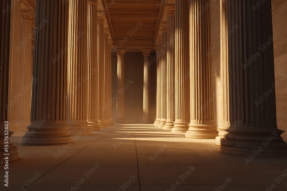 Poster a grand hall with rows of tall pillars casting shadows in a long perspective view with light at end