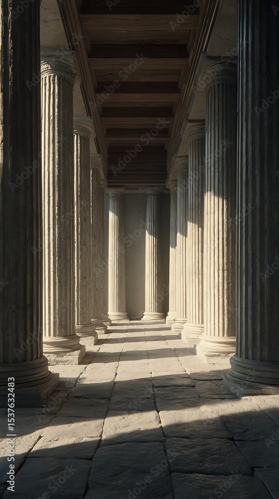 Poster a corridor with many columns and a stone floor with light shining through the end of the hallway spa