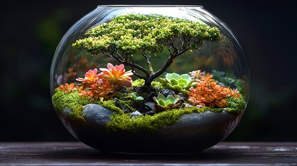 Miniature succulent garden in a glass terrarium.