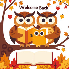 Welcome Back Owls Illustration - Cute Owl Family Reading Books - Autumn Leaves and Fall Colors - Back to School or Library Illustration
