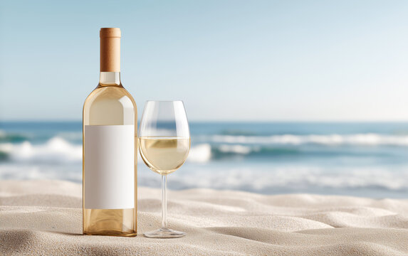 White wine bottle with a blank mockup label with a glass placed on sandy shore in front of a vibrant blue ocean