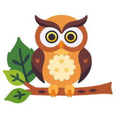 Fototapeta premium Cute Cartoon Owl Illustration-Whimsical Owl Perched on a Branch with Green Leaves-Adorable Graphic Design for Kids and Nature Lovers-Owl Clipart for Creative Projects
