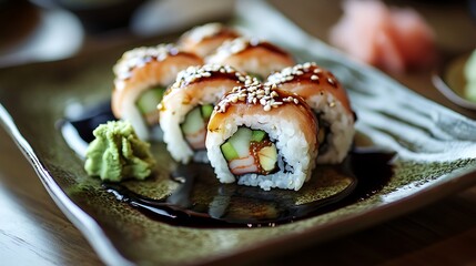 A close up of sushi rolls on a plate with wasabi and ginger ready to be eaten for lunch or dinner