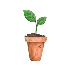 Young plant growing in clay pot. Watercolor hand drawn cartoon illustration. Design for stickers, posters, postcards, scrapbooking, journaling. Science, research, botany, biology, agronomy