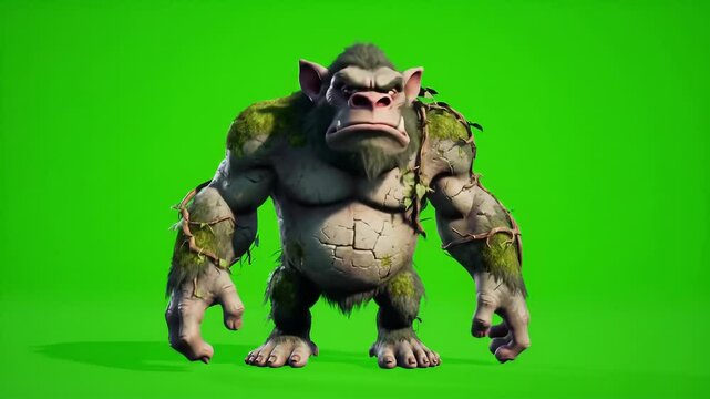 Large troll or ape-like monster in a thinking pose on a green screen.