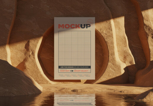 Poster Mockup Floating inside Desert Cave Natural Stone with Water