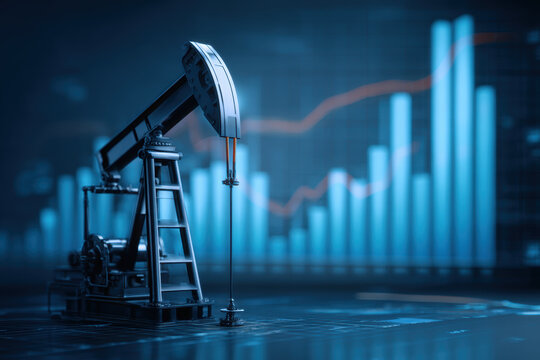 Oil pumpjack operating in digital financial environment, with graphs indicating market trends